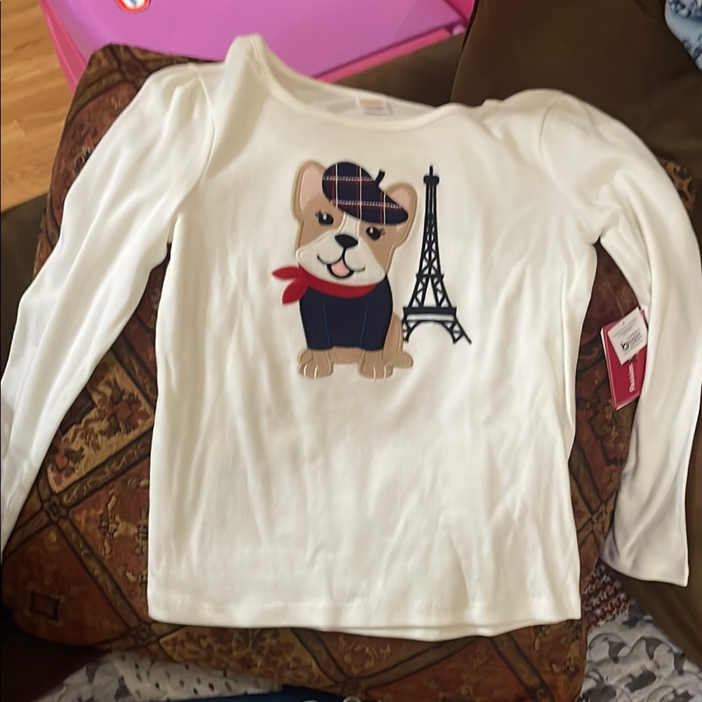 Gymboree White Long Sleeve Shirt with Corgi Dog and Eiffel Tower Design